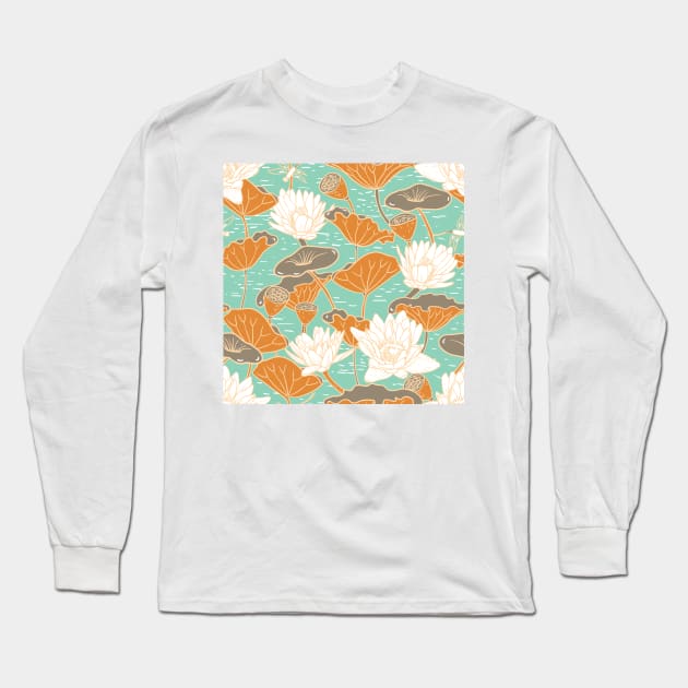 Lotus Flower Orange and Green Long Sleeve T-Shirt by martynzero